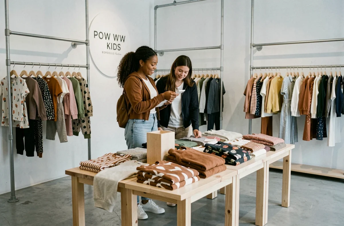 Couple explorant la mode enfantine durable et design dans la boutique Pow Wow Kids à Bordeaux