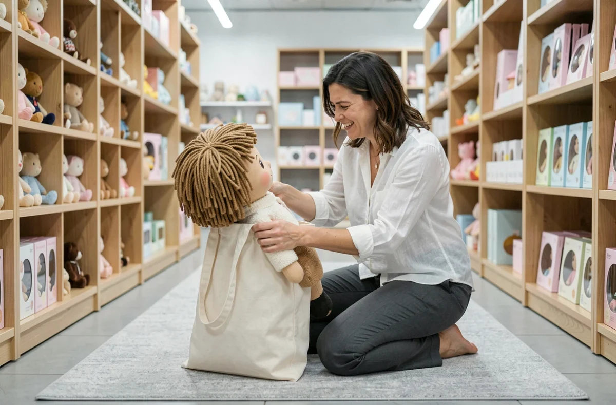 Femme essayant de ranger une grande poupée géante dans un sac cabas dans un magasin de jouets minimaliste