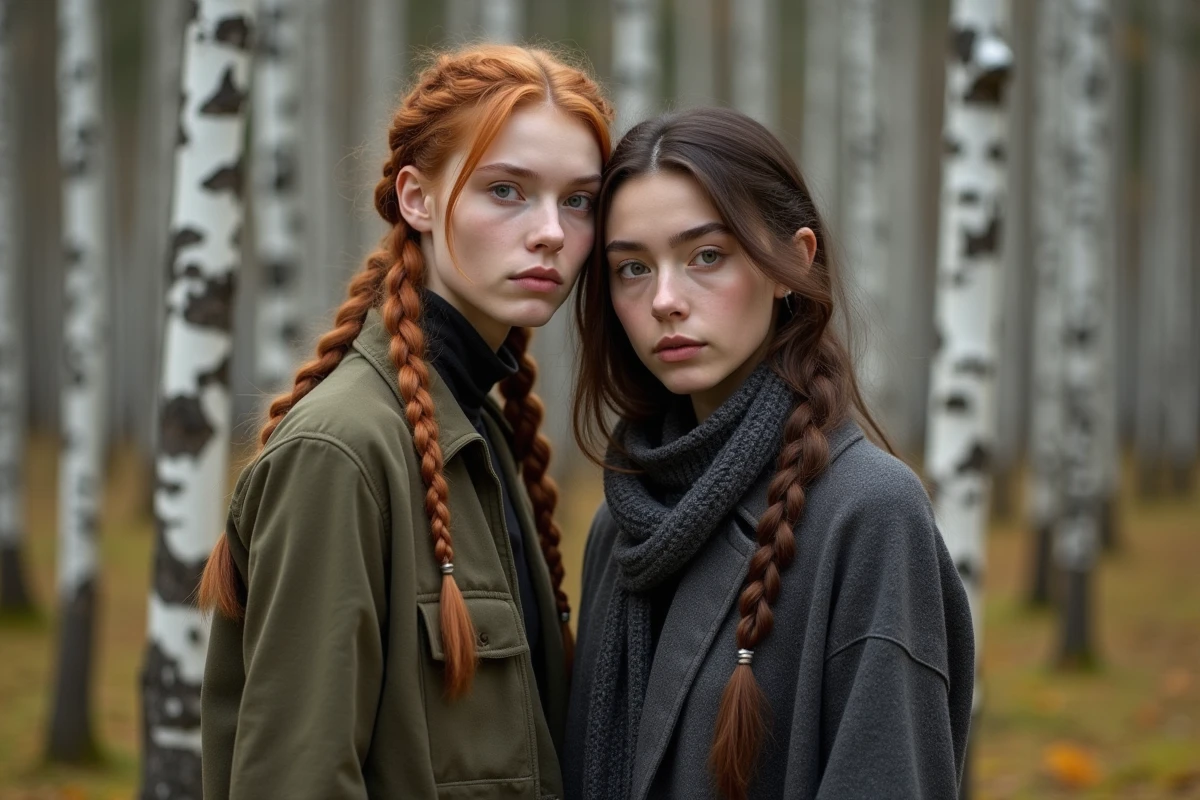 Deux adultes aux traits androgènes en vêtements nordiques de lin et laine posant dans une forêt de bouleaux en automne, évoquant les prénoms scandinaves mixtes et non-genrés
