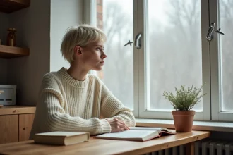 Jeune adulte scandinave aux traits androgènes portant un pull nordique crème, assis près d'une fenêtre givrée dans un appartement minimaliste, illustrant les prénoms nordiques mixtes