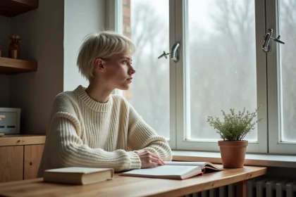 Jeune adulte scandinave aux traits androgènes portant un pull nordique crème, assis près d'une fenêtre givrée dans un appartement minimaliste, illustrant les prénoms nordiques mixtes