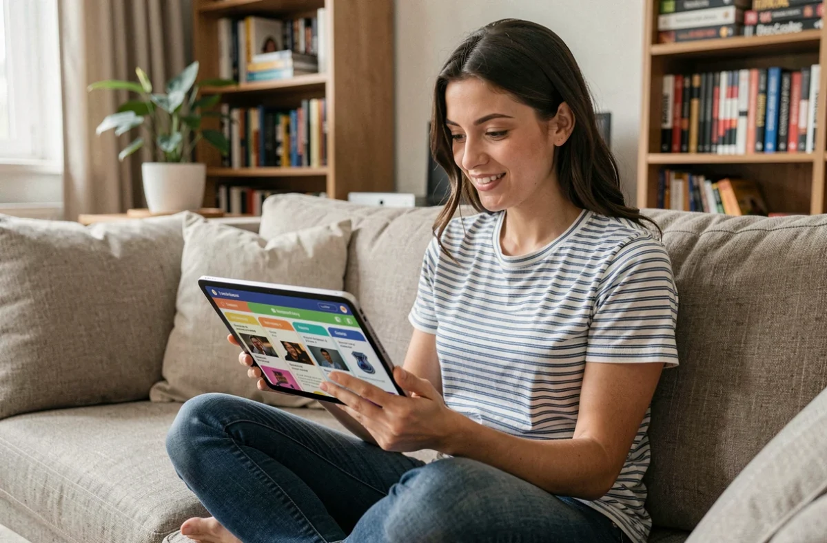 Jeune femme préparant un blind test maison sur tablette avec un générateur de quiz films et musique