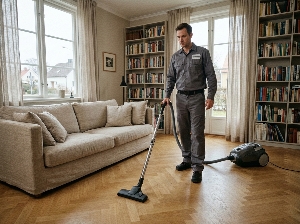 Agent de ménage professionnel passant l'aspirateur dans un salon lumineux et bien rangé d'une maison à Compiègne