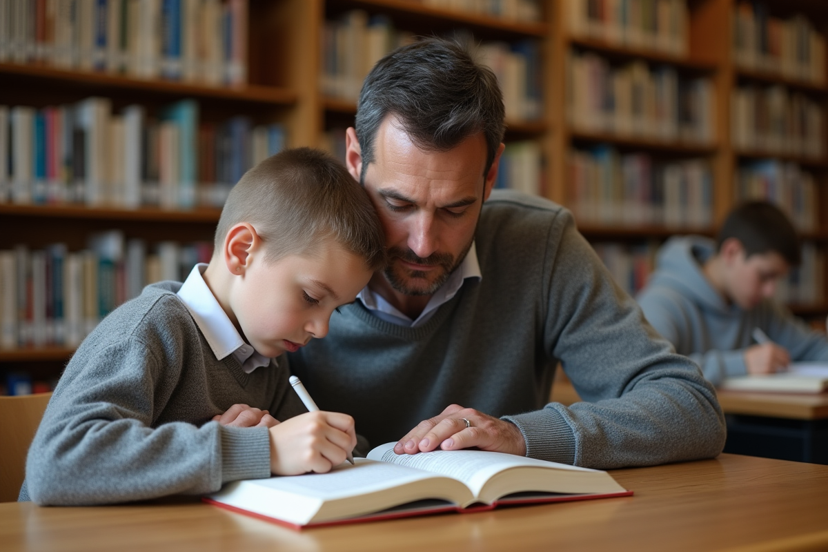 Professeur lisant avec un jeune garçon dans une bibliothèque