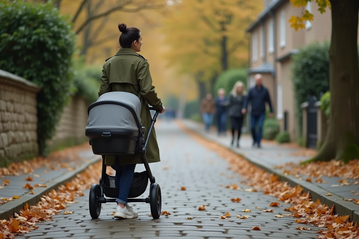 Jeune maman promenant son bébé en poussette dans une rue calme et arborée en automne, loin des photographes