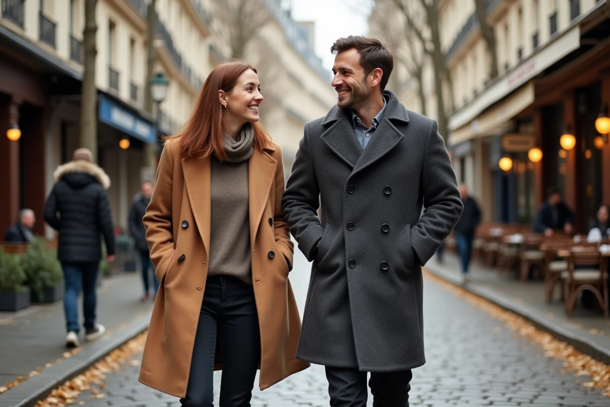 Couple se promenant dans une rue pavée parisienne en automne, symbolisant la complicité et les projets de vie communs