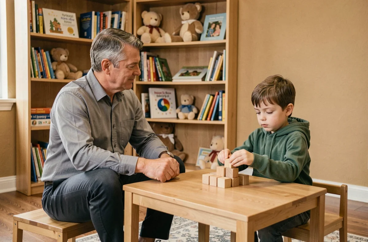 Psychologue pour enfant en séance avec un jeune garçon difficile dans un cabinet professionnel apaisant