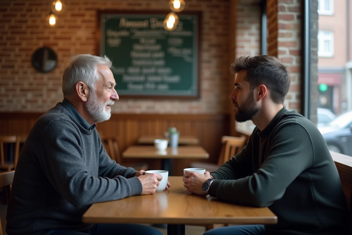 Père et fils adulte face à face dans un café, tentant de renouer le dialogue et reconstruire leur relation avec prudence
