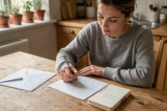 Femme rédigeant une lettre de préavis à la main sur une table en bois dans une cuisine domestique