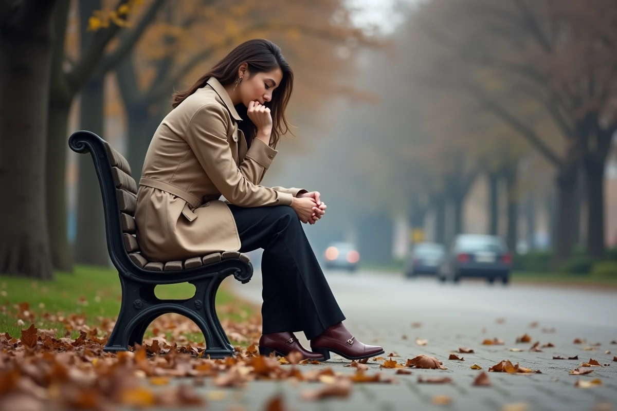 Femme adulte assise seule sur un banc de parc en automne, dans une posture de réflexion intérieure sur ses relations familiales et ses limites personnelles
