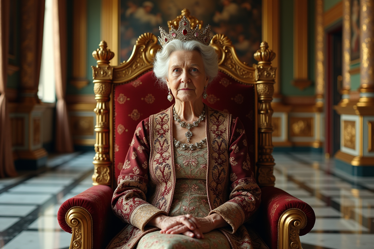 Femme royale âgée assise sur un trône opulent avec couronne et robe riche
