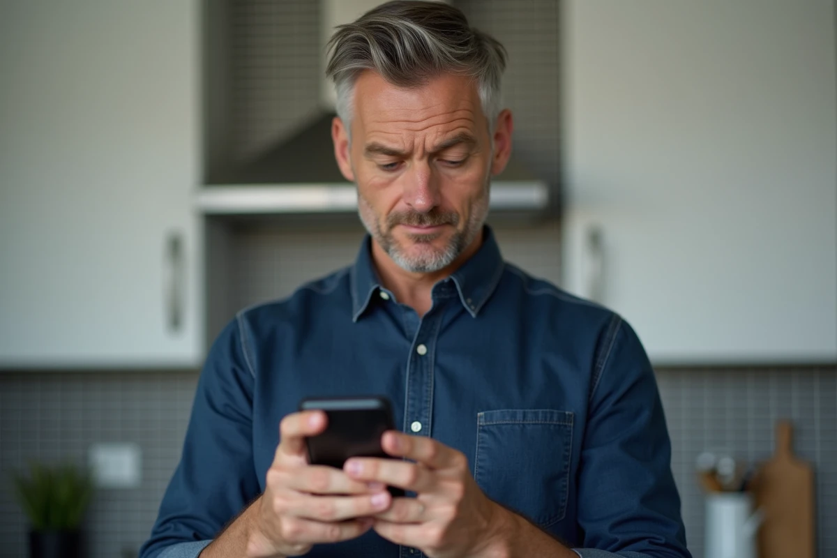 Homme consultant un email de réinitialisation de mot de passe sur son smartphone pour accéder au portail familles