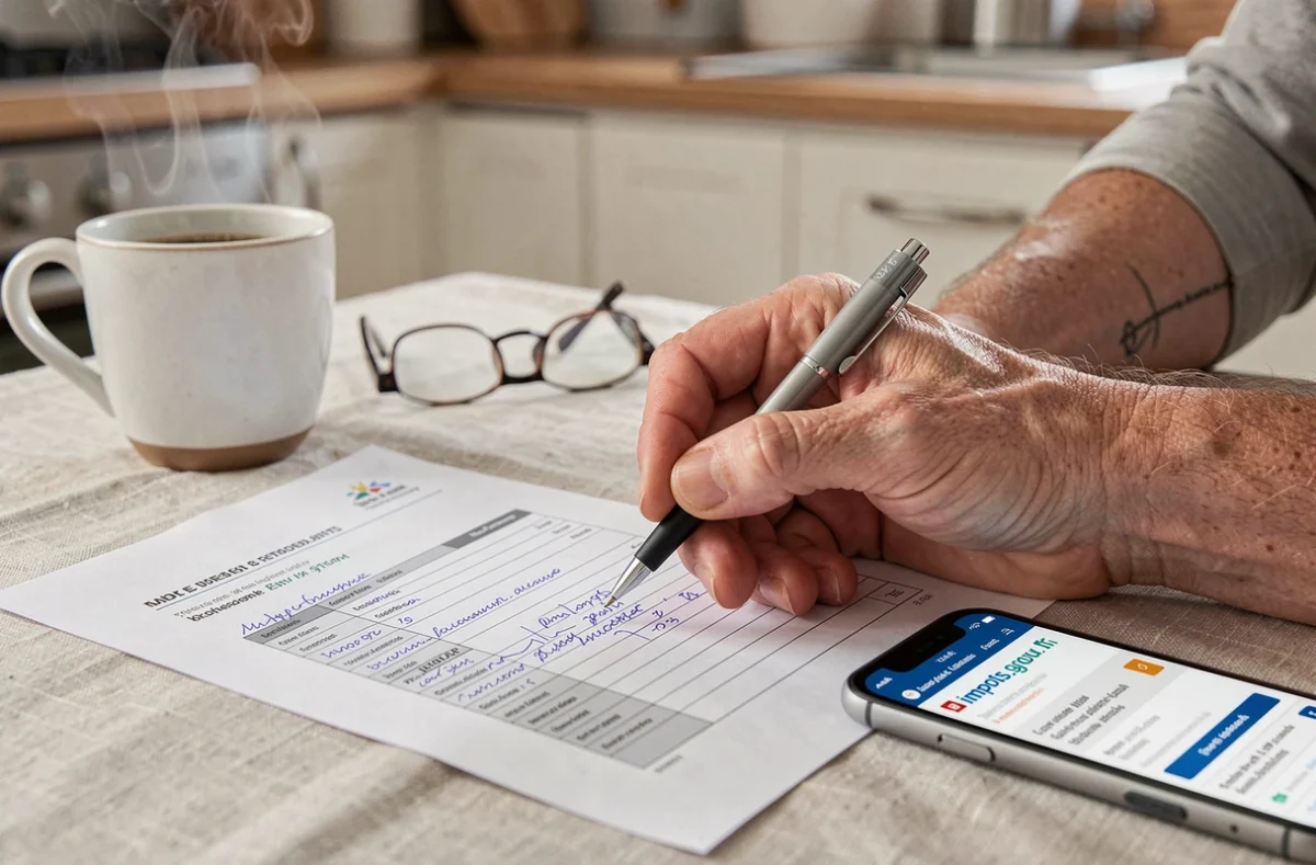 Gros plan sur des mains remplissant un formulaire de déclaration de changement de situation auprès des impôts
