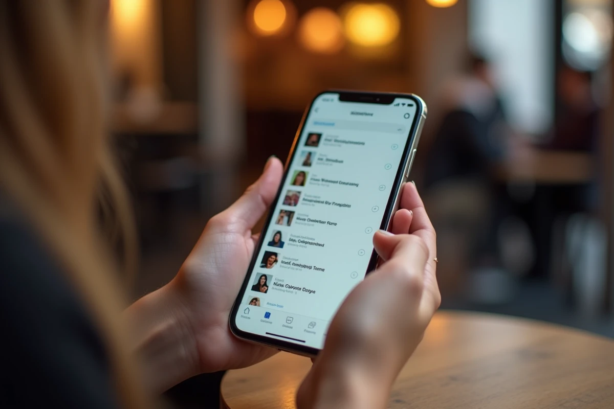 Personne consultant des rumeurs sur célébrités sur smartphone dans un café, illustration des réseaux sociaux et médias