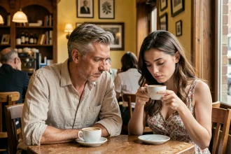 Couple à la dynamique émotionnelle asymétrique assis dans un café, illustrant un schéma amoureux déséquilibré
