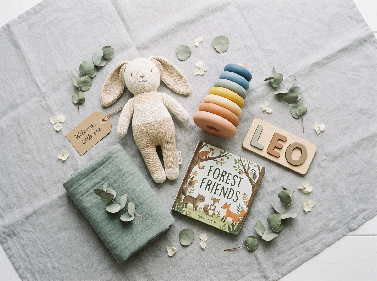 Sélection de cadeaux pratiques et utiles pour le premier anniversaire d'un bébé en vue à plat sur lin gris
