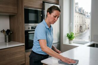 Professionnelle de ménage à domicile nettoyant un plan de travail de cuisine moderne dans un appartement à Compiègne