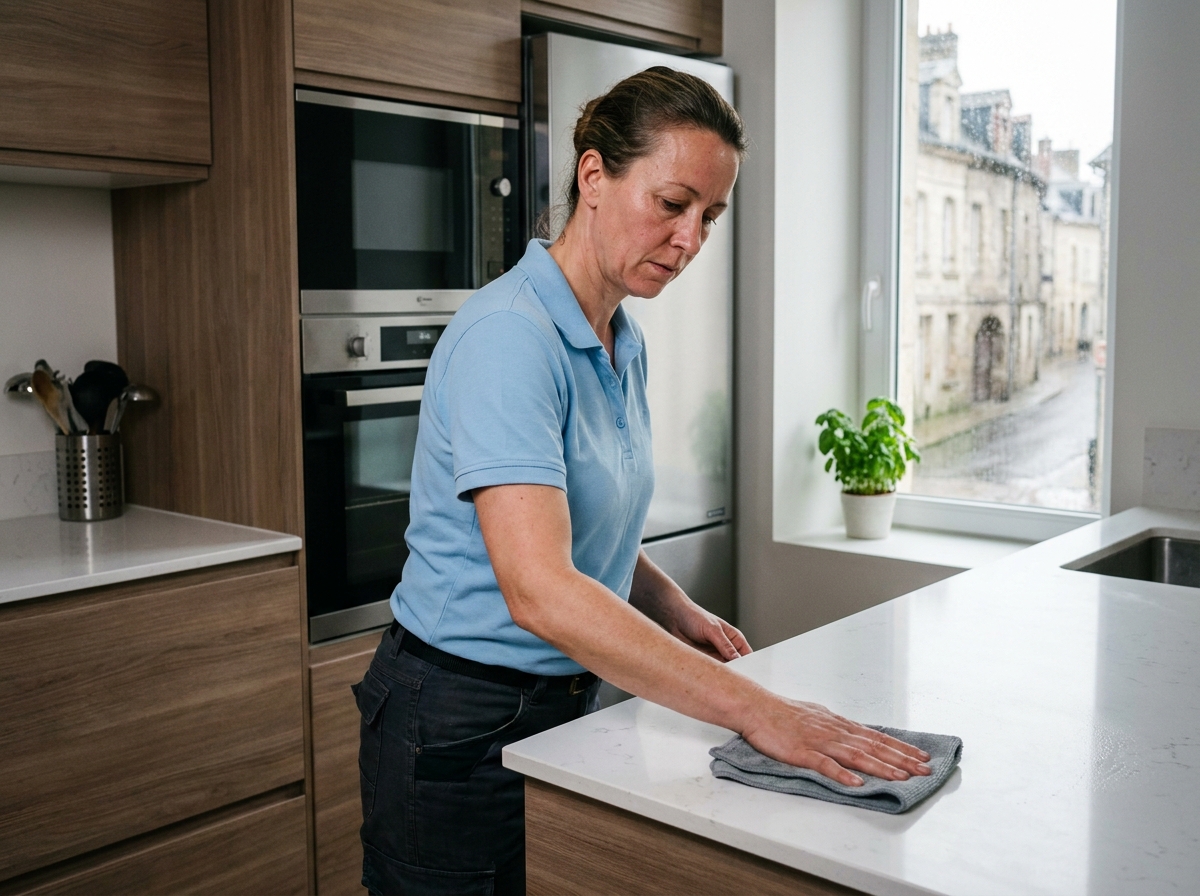 Professionnelle de ménage à domicile nettoyant un plan de travail de cuisine moderne dans un appartement à Compiègne
