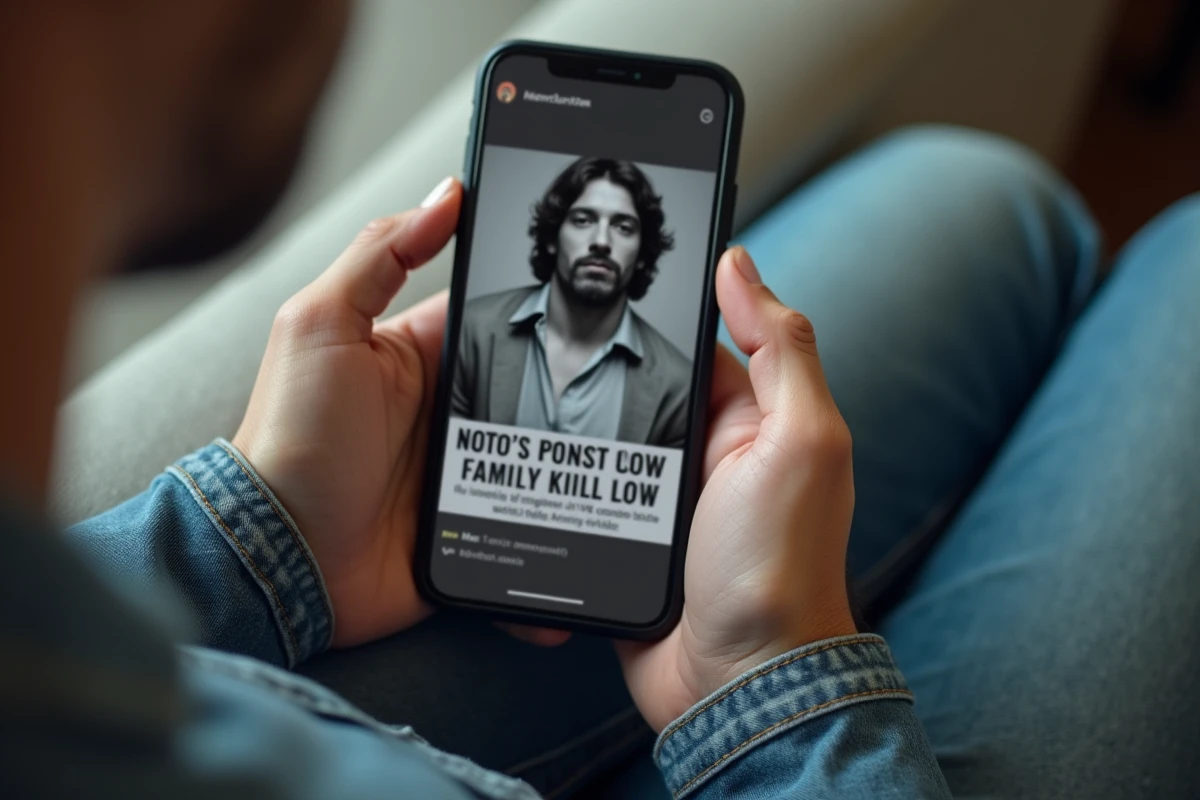 Gros plan d'un smartphone affichant une publication virale avec une photo manipulée d'un chanteur des années 70, illustrant la propagation de fausses informations sur Mike Brant