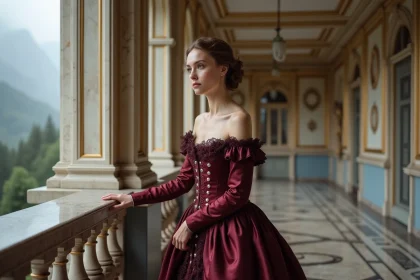 Portrait d'une aristocrate bavaroise du XIXe siècle en robe de soie bordeaux dans un couloir de palais orné, évoquant la sœur de l'impératrice Sissi