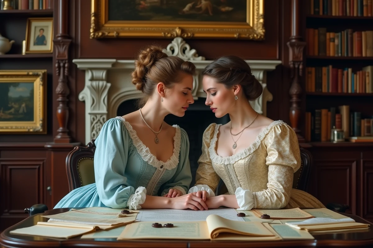 Deux femmes en costumes historiques bavarois du XIXe siècle étudiant des lettres et une carte dans un bureau aristocratique, illustrant l'influence politique des sœurs royales bavaroises
