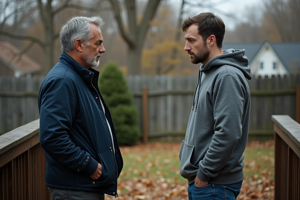 Père et fils adulte debout à distance l'un de l'autre sur une terrasse en automne, illustrant la tension et le silence dans leur relation