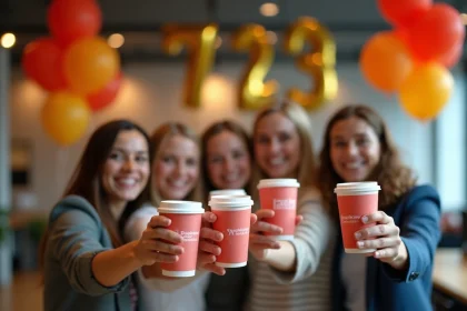 Collègues portant un toast avec des gobelets personnalisés lors d'un anniversaire d'entreprise dans un bureau moderne décoré