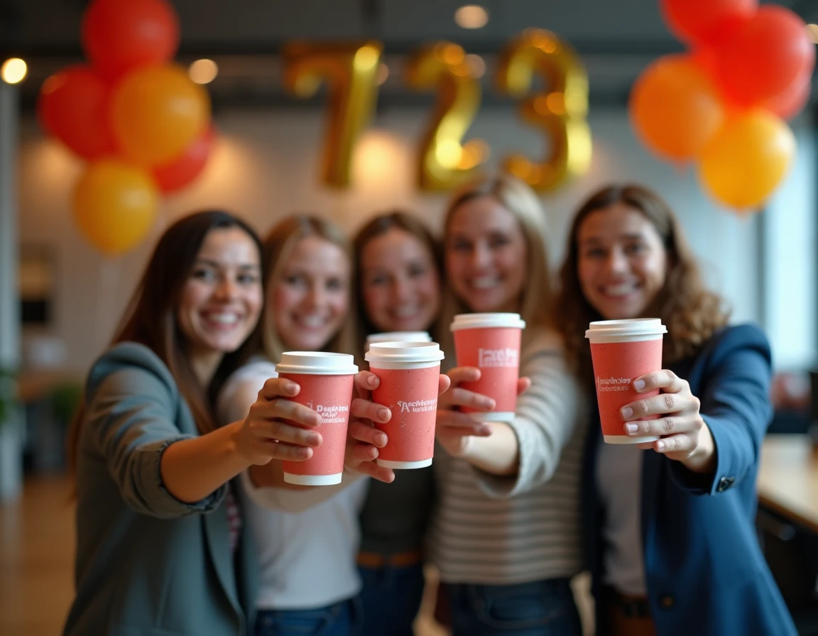 Collègues portant un toast avec des gobelets personnalisés lors d'un anniversaire d'entreprise dans un bureau moderne décoré