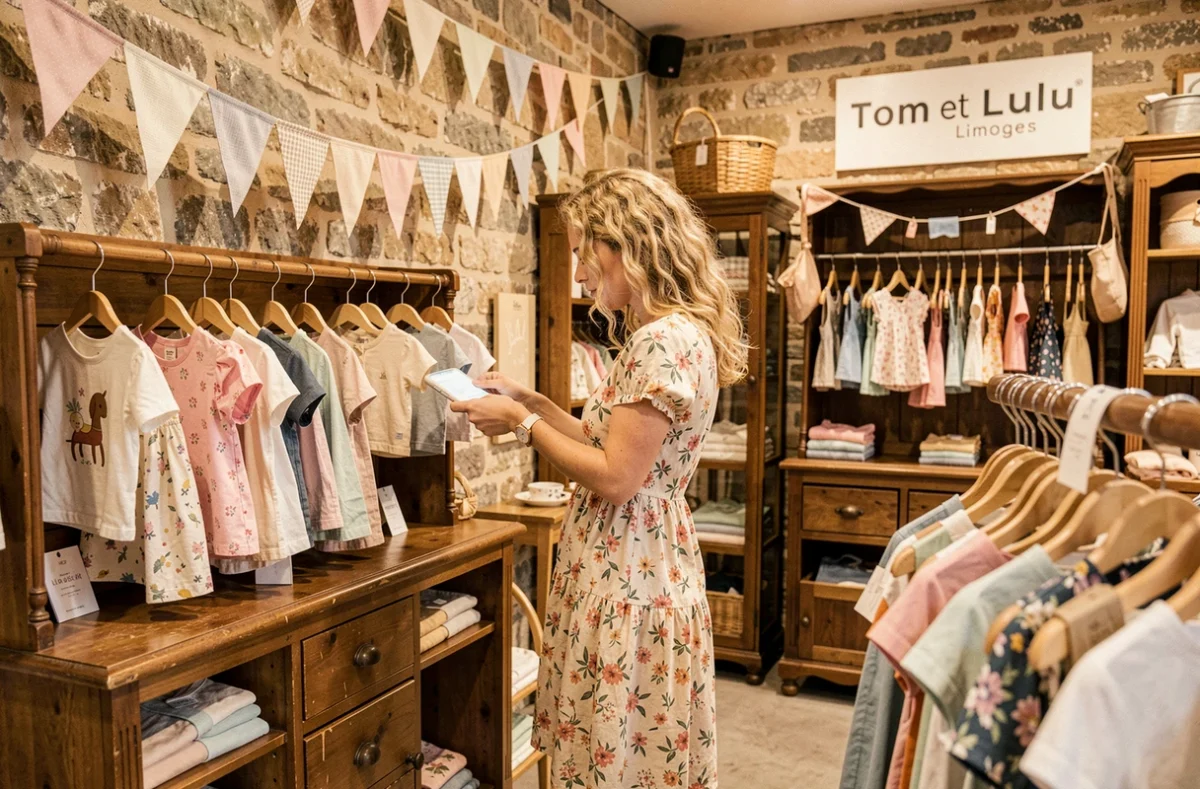 Femme parcourant la sélection de vêtements enfants artisanaux dans la boutique Tom et Lulu à Limoges
