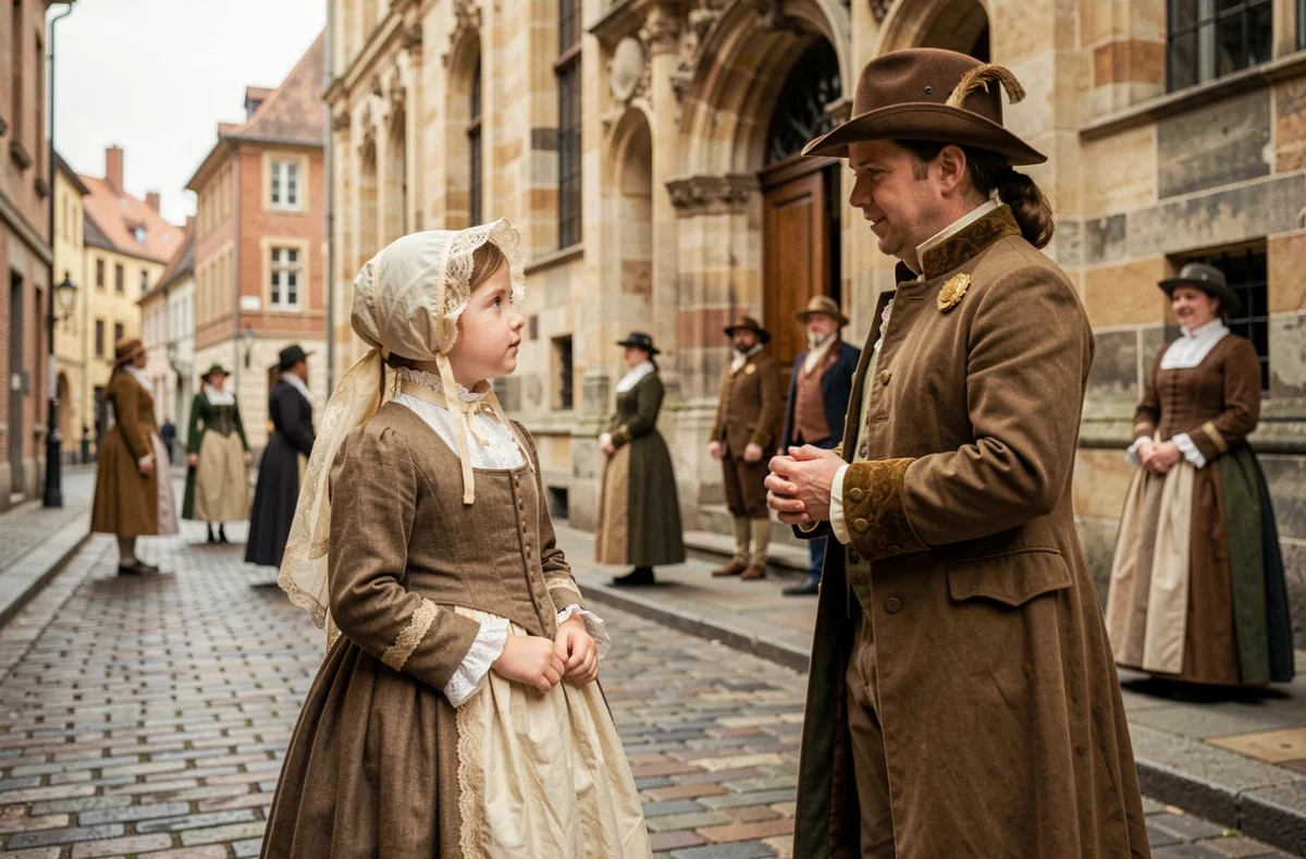 Petite fille en costume d'époque participant à une Tradi'Balade dans les rues historiques de Lille