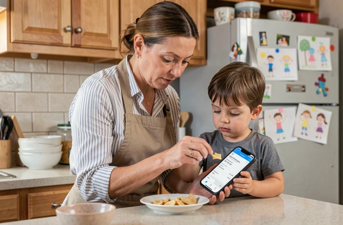 Auxiliaire parentale consultant une application de fiche de paie sur son téléphone lors d'un moment de goûter avec un enfant en cuisine