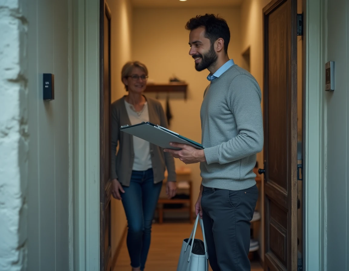 Travailleur social arrivant au domicile d'une femme pour une visite &agrave; domicile dans un appartement urbain