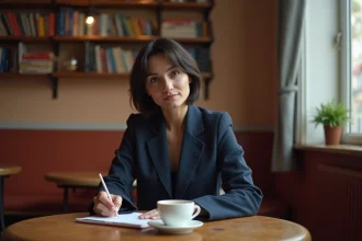 Femme française concentrée écrivant dans un carnet dans un café parisien cosy, reflet de la vie privée et de l'introspection