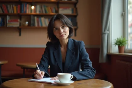 Femme française concentrée écrivant dans un carnet dans un café parisien cosy, reflet de la vie privée et de l'introspection