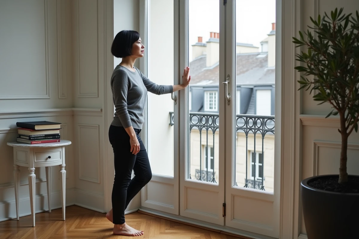 Femme élégante et pensive regardant les toits de Paris depuis une fenêtre haussmannienne, symbole d'une personnalité discrète et cultivée