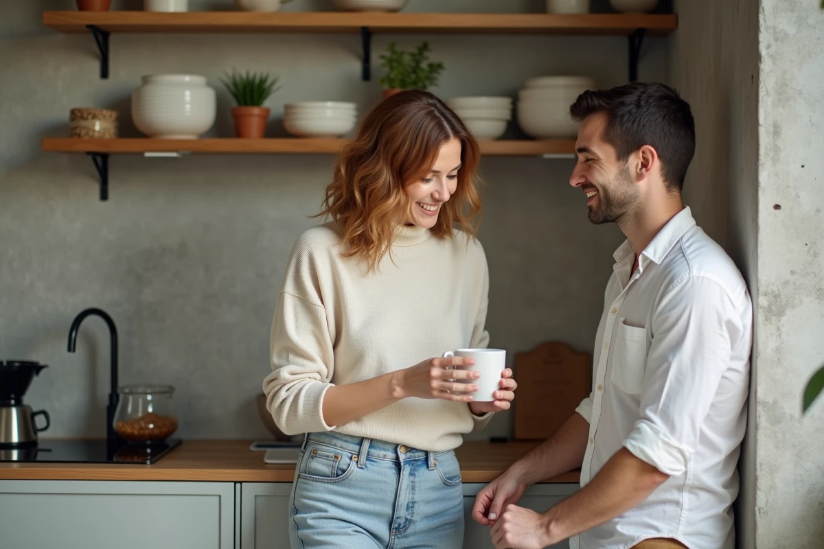 Scène de vie quotidienne d'un couple dans un appartement parisien moderne, illustrant la vie de famille et les projets communs