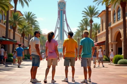 Groupe de visiteurs enthousiastes devant l'entrée du parc PortAventura avec montagnes russes en arrière-plan