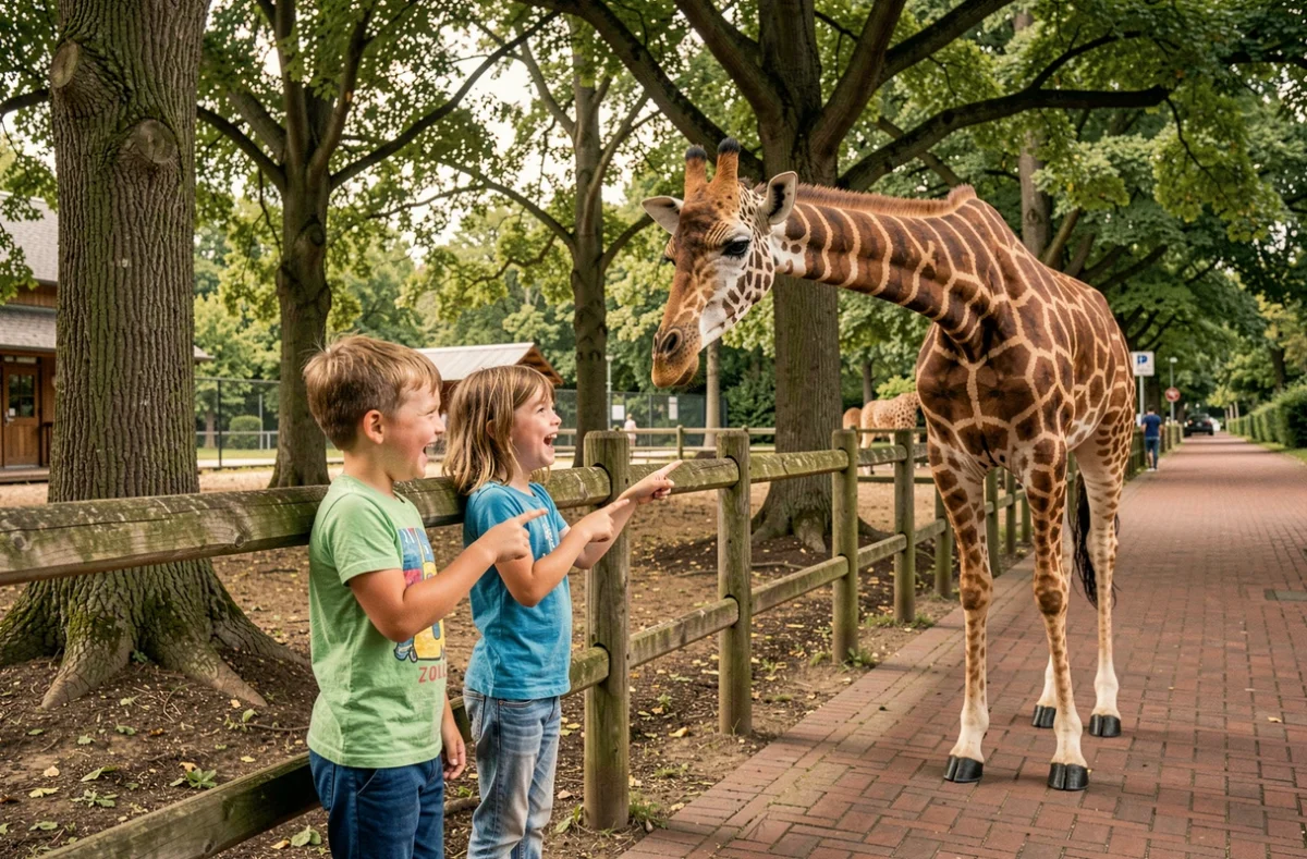 Deux enfants devant une girafe dans l'enceinte du Zoo de Lille
